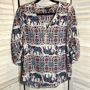 Rue21 Boho Elephant Paisley Print White Multicolor Zip Up Neckline Flowy Tunic